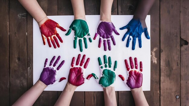 Painted handprints made from vivid acrylic paint on white paper