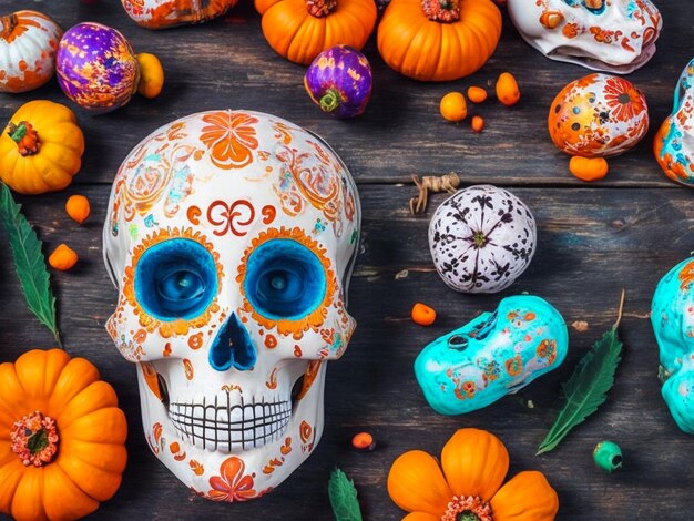 Foto cranio umano dipinto per il giorno dei morti del messico el dia de muertos zucche e fiori su tavola
