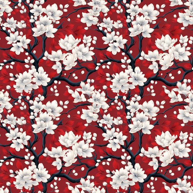 Photo painted illustration of dark white willows on red background seamless pattern 6