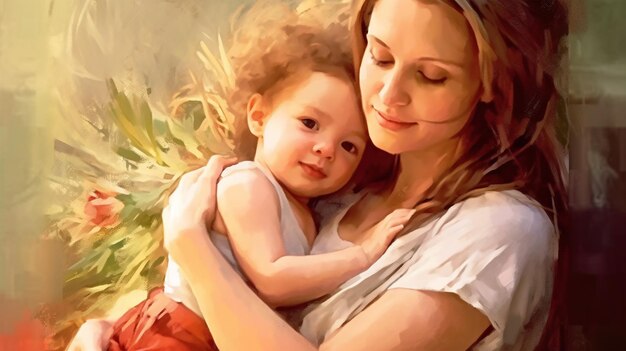 Нарисованное изображение молодой матери, держащей на руках свою дочь в день рождения матери Сгенерировано AI