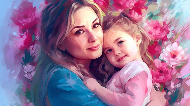 Painted image of a young mother holding her daughter in arms parenthood mother's day Generated AI