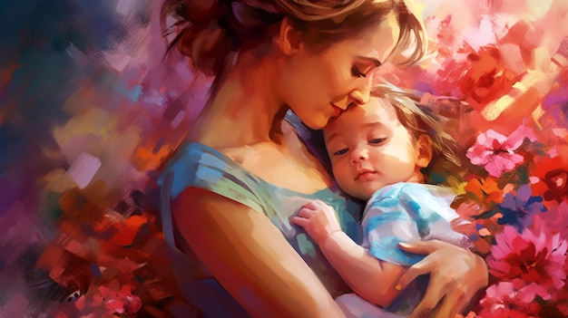 Painted image of a young mother holding her daughter in arms parenthood mother's day Generated A