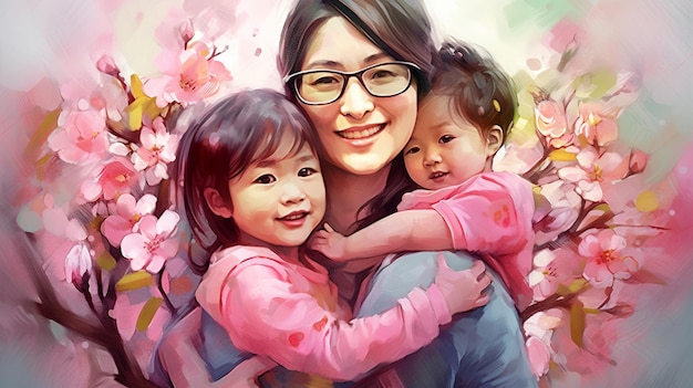 Painted image of a young mother holding her kids parenthood mother's day Generated AI