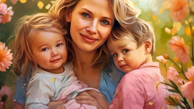 Photo painted image of a young mother holding her kids parenthood mother's day generated ai