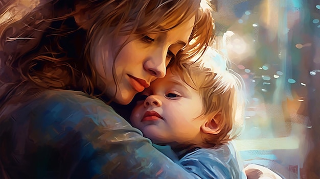 Painted image of a young mother holding her son in her arms parenthood mother's day Generated AI