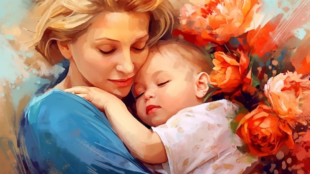 Painted image of a young mother holding her son in her arms parenthood mother's day Generated AI