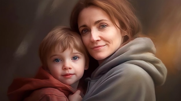 Нарисованное изображение молодой матери, держащей сына на руках в день матери материнства Сгенерировано AI