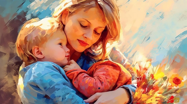 Painted image of a young mother holding her son in her arms parenthood mother's day Generated AI