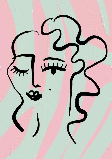 Photo painted line art black ink woman face human portrait illustration lips eyes face drawing