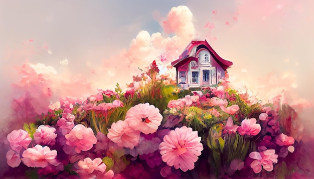 Painted pink flowers beautiful landscape