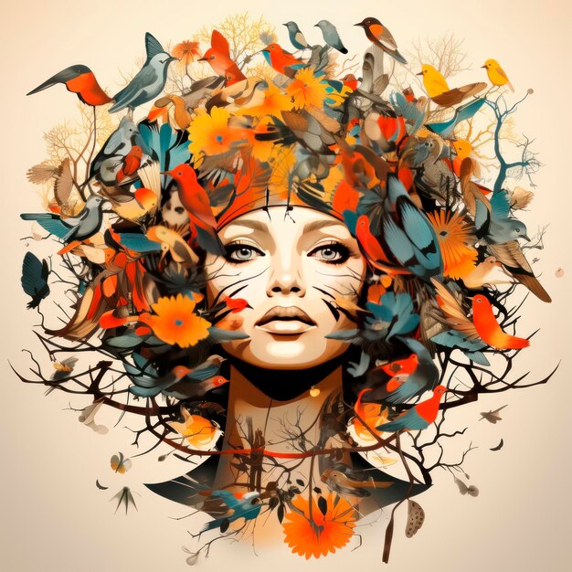 Painted portrait of beautiful girl with birds and flowers in her hair Digital art illustration