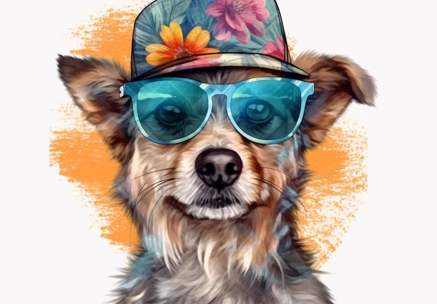 Painted portrait of a dog with a hat and sunglasses vacation concept Generated AI