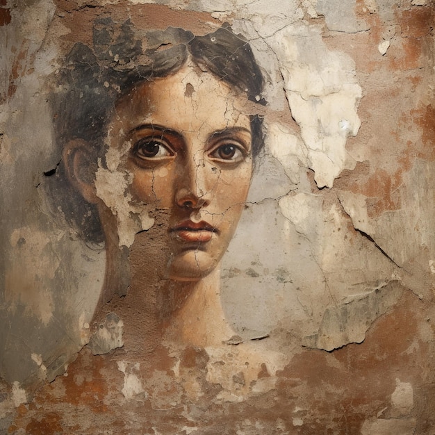 Painted portrait of young woman in style of Ancient Roman wall fresco generative AI Artifact of past civilization Theme of fine art beauty old history and culture antiquity