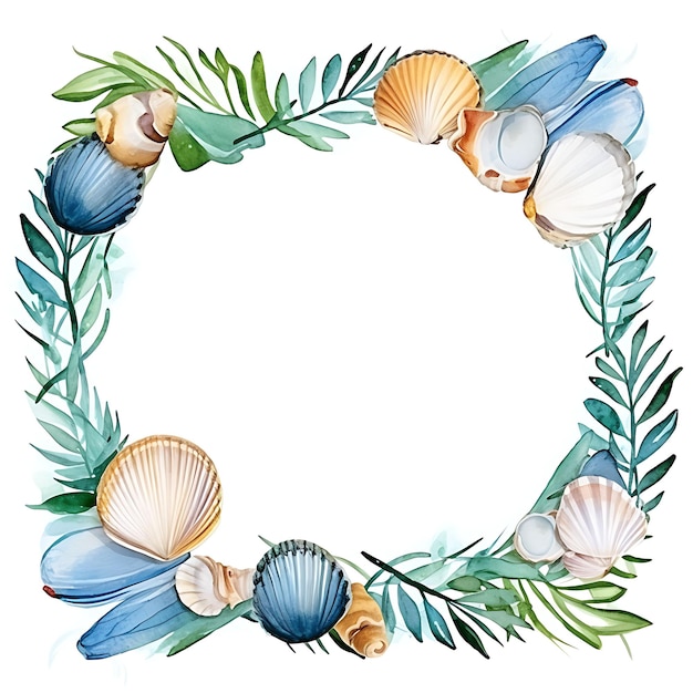 Painted Seashell Frame With Fish Curry Curry Leaves and Coco watercolor Style Of Indian Culture