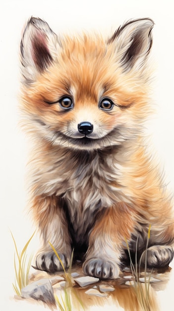 작은 갈색 강아지 앉아 바위 여우 귀 그림 치열한 표현 색상 솜털 오렌지를 그린