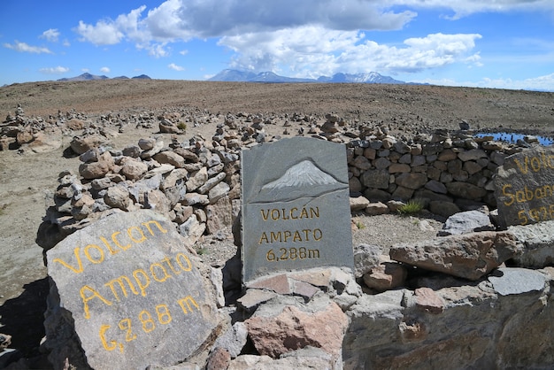 Photo painted stones showing the directions of the surrounding volcanoes, the view point along pata pampa pass, arequipa, peru