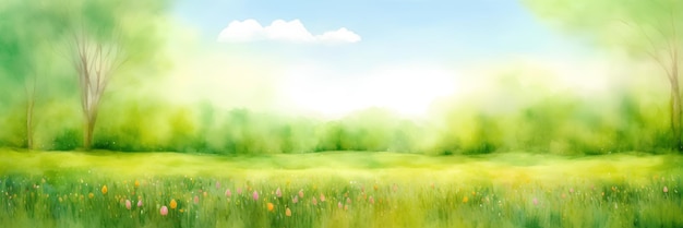 Painted summer landscape blooming meadow and green sods panoramic