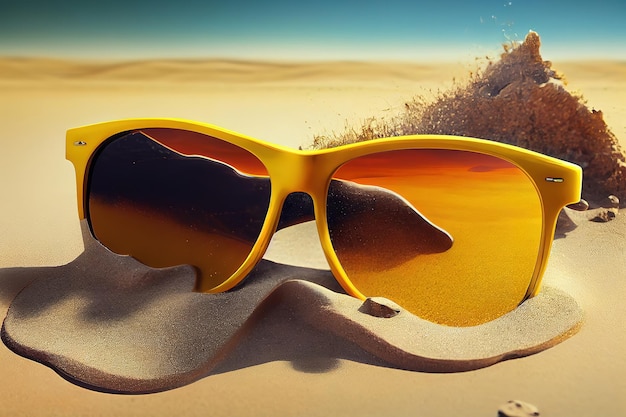 Painted sun and yellow sunglasses on sea sand Generative Ai