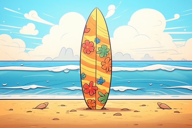 A painted surfboard laid on a sandy beach