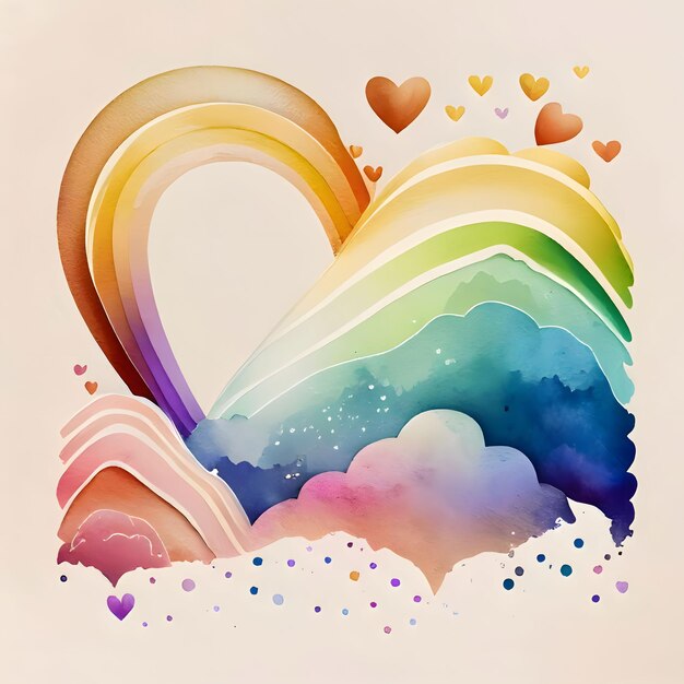 Painted in watercolor abstract mountains clouds hearts rainbow solid background Heart as a symbol of affection and love