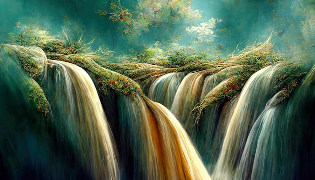 Painted waterfalls colorful landscape