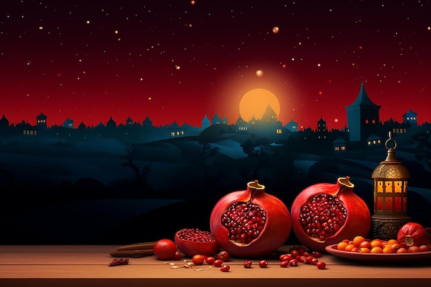 Photo painted yalda night pomegranate festival ramadan background with starry sky and lantern light