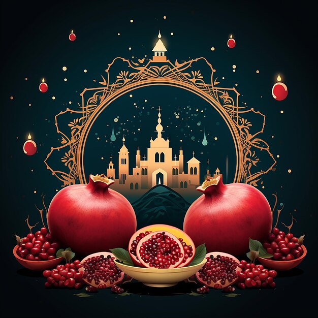 Painted Yalda night pomegranate festival ramadan background with starry sky and lantern light