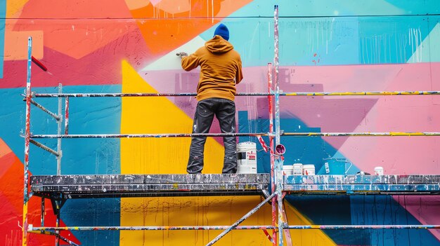 Photo a painter is using a brush to add the finishing touches to a largescale mural