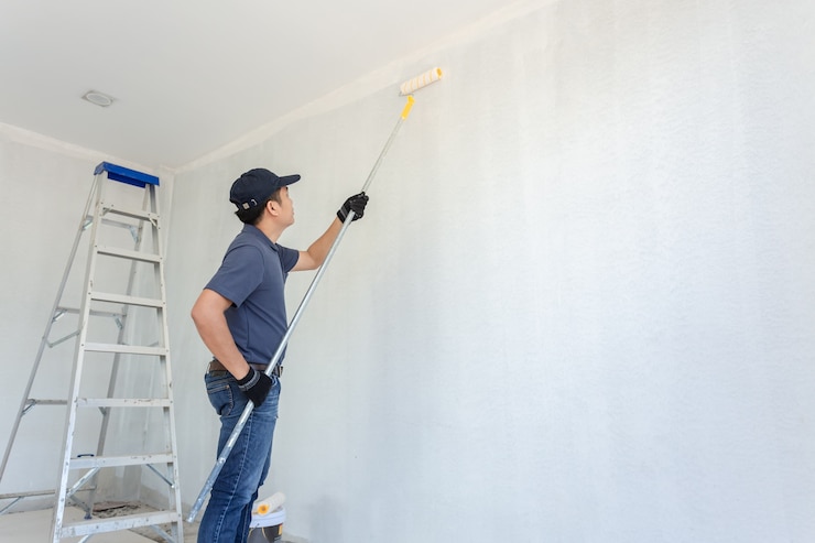 Photo painter man at work with a paint roller on the wall