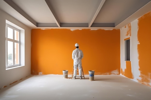 Painter painting a wall of a house rear view empty space Generative AI