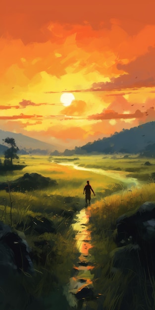 A Painter's Journey Through Exotic Landscapes At Sunset