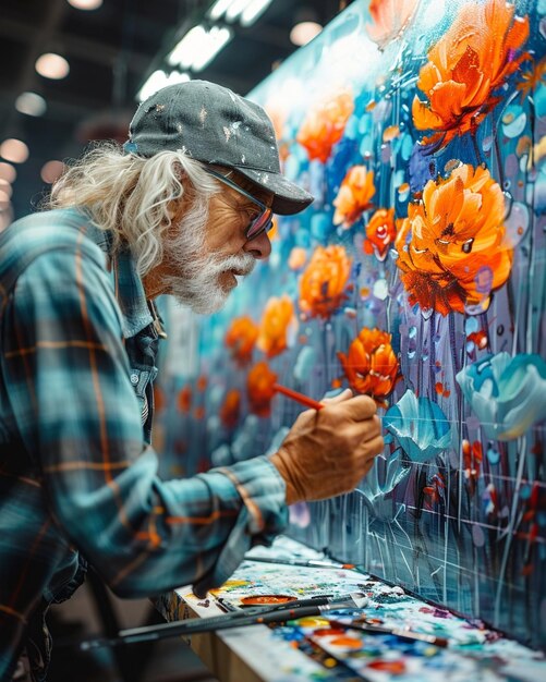 Foto un pittore disegna il progetto preliminare della carta da parati