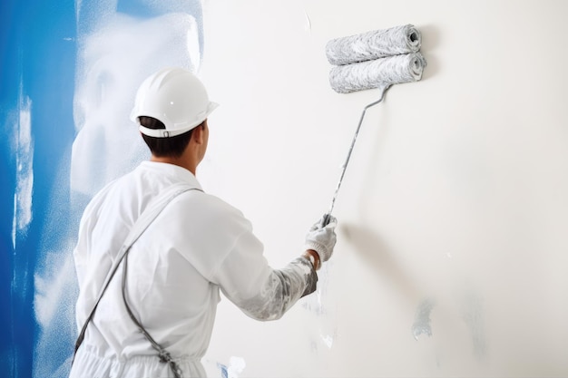 painter using a paint roller to paint a wall It captures the process of transforming a wall into a