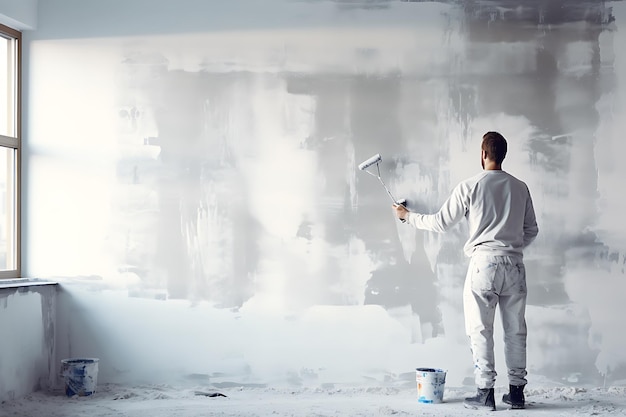 Painter in white uniform painting interior wall with paint roller Mixed media