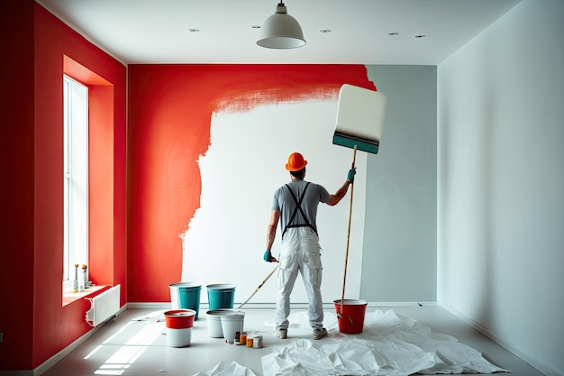 Painter with roller and tray paints the walls of contemporary apartment