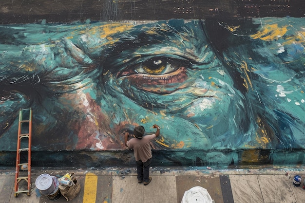 Художник работает над большой фреской в центре города