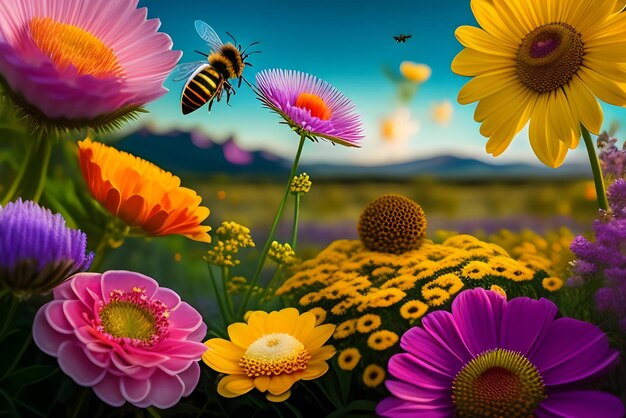 화려 한 꽃 으로 둘러싸여 날아다니는 벌 의 그림