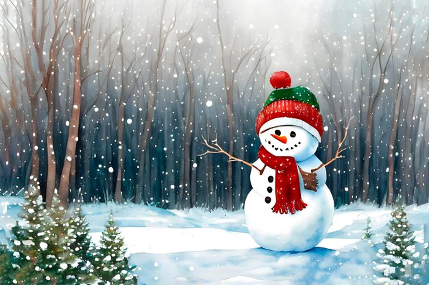 Painterly image of the happy snowman with a warm hat and scarf in the winter forest landscape