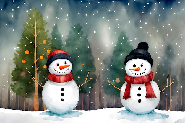 Painterly image of the happy snowman with a warm hat and scarf in the winter forest landscape