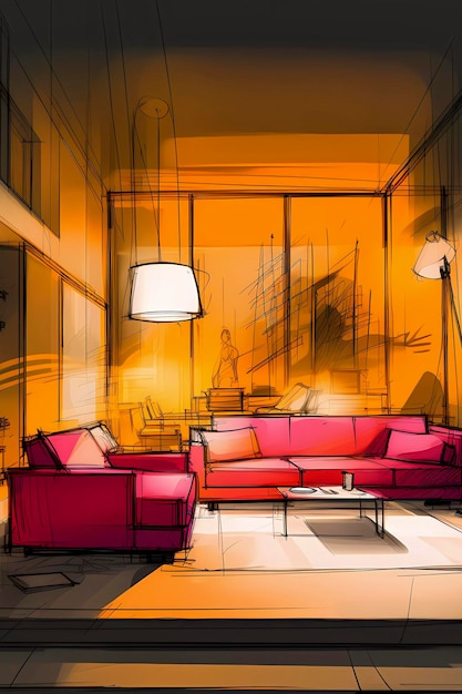 A Painterly Perspective Sketch and Watercolor of a Comfortable Living Space Generative AI