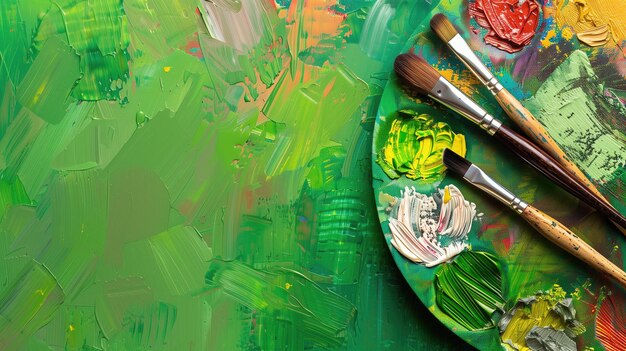 A painters palette covered in vibrant oil paints and brushes against a green backdrop