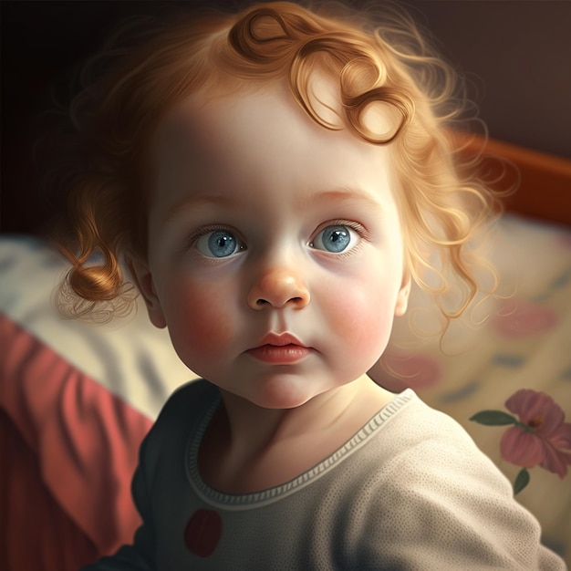 Painting of a 2yearold child with red hair blue eyes and a lightcolored sweater