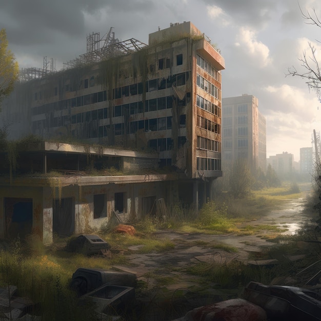 A painting of an abandoned building with a cloudy sky in the background.