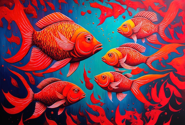 Картина абстрактных красных рыб