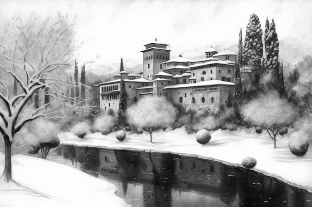 Painting of the Alhambra with snow Granada painted in watercolor Created with generative AI technology