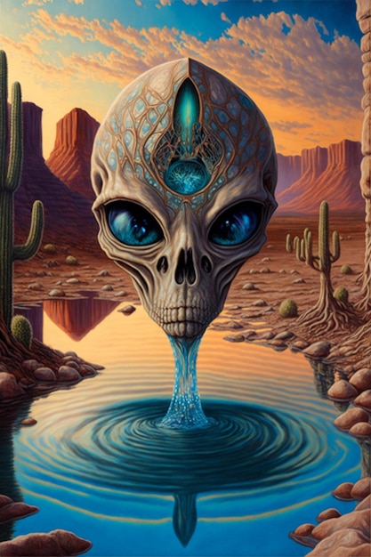 Painting of an alien drinking water from a pond generative ai