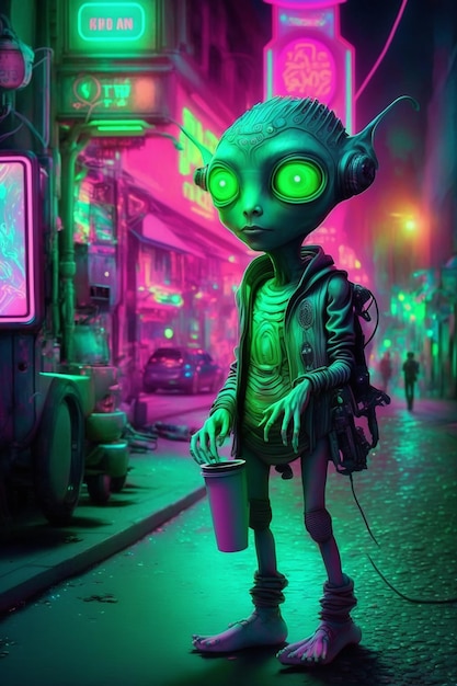 A painting of a alien holding a cup in the street.