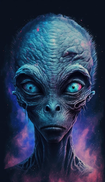 A painting of a alien with blue eyes and a pink eye.