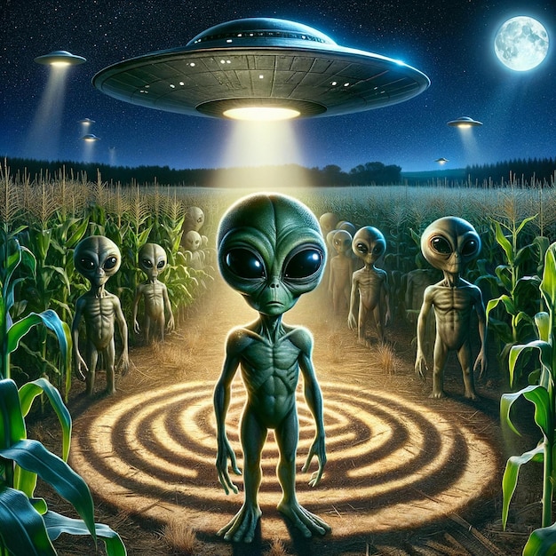 Painting of aliens in a corn field