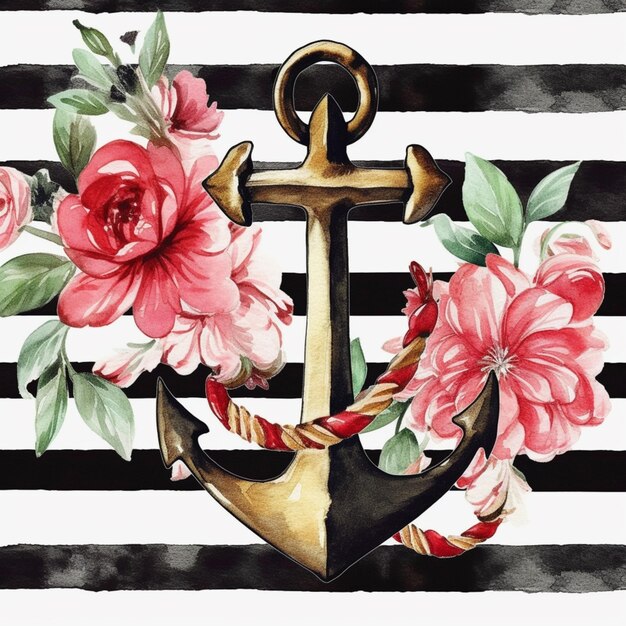 A painting of a anchor with flowers on it